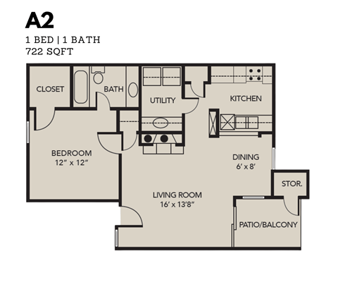 Floor plan for 1 bed, 1 bath, 722 sqft